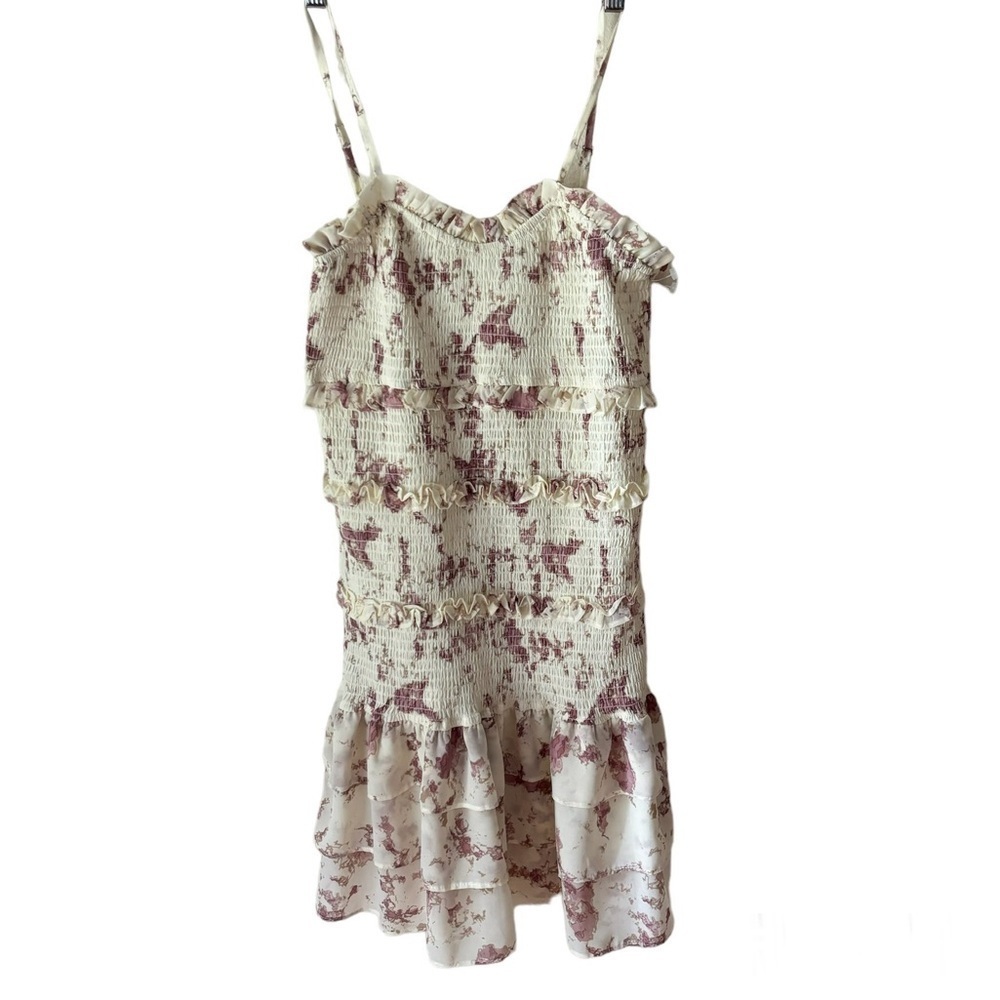 Storia Smocked Mini Dress Ruffle Cream & Pink Tie Dye Sleeveless Size Large